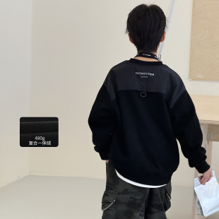 儿童外套 自制中大童加厚上衣圆领套头衫 男童加绒卫衣2025冬装 新款