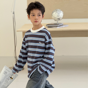 体恤儿童打底衫 男童T恤长袖 宽松中大童条纹上衣韩版 新款 2025秋装