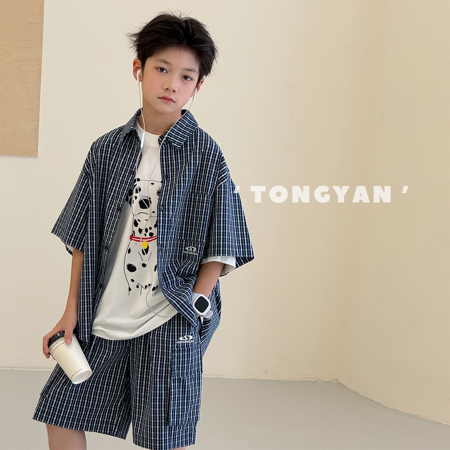 男童夏装套装2026新款韩版中大童短袖衬衫格子短裤儿童运动两件套