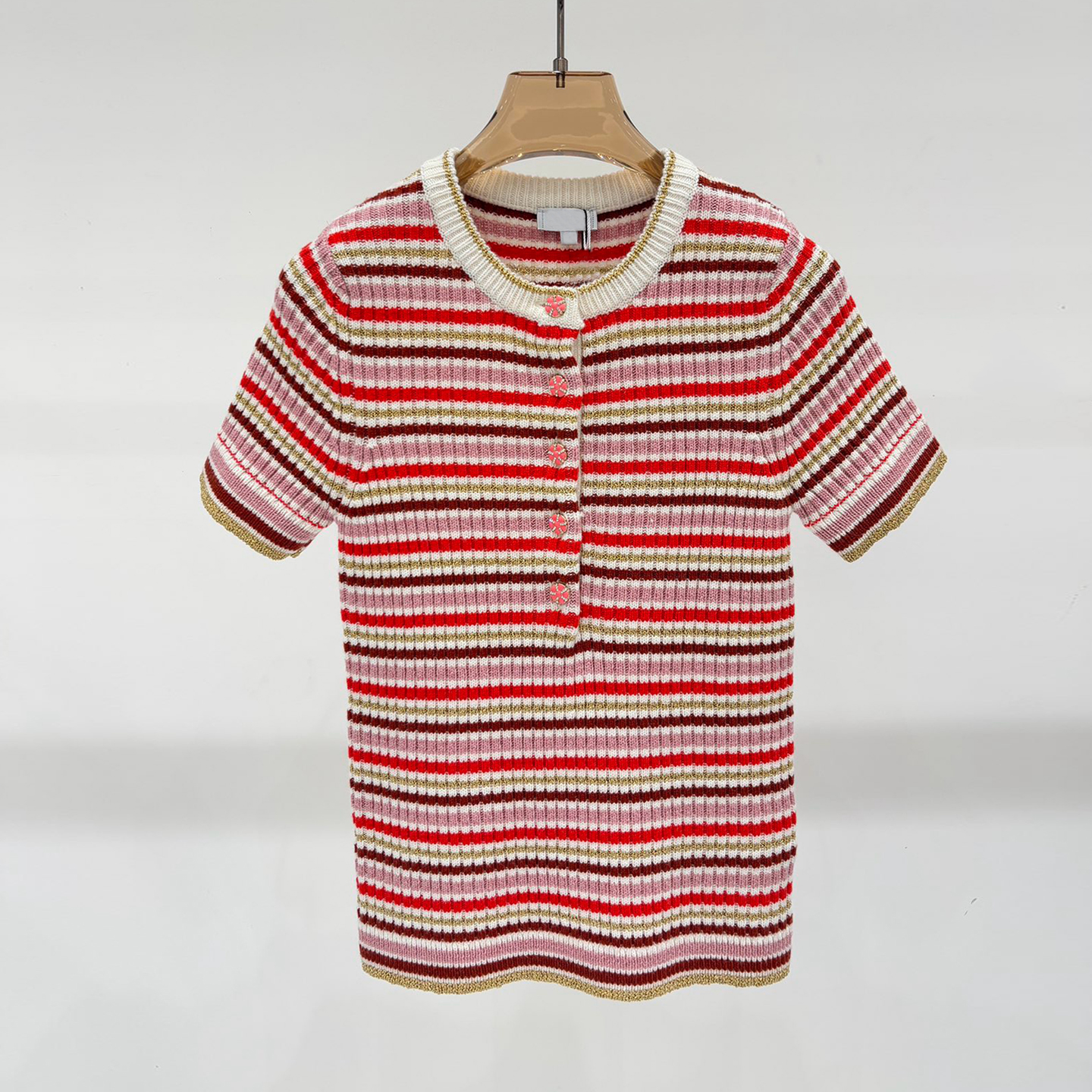 复古条纹撞色针织衫短袖女秋冬新款圆领半开襟修身显瘦气质上衣春