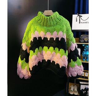 秋冬加厚撞色粗线纯手工编织套头毛衣女宽松慵懒风半高领针织衫