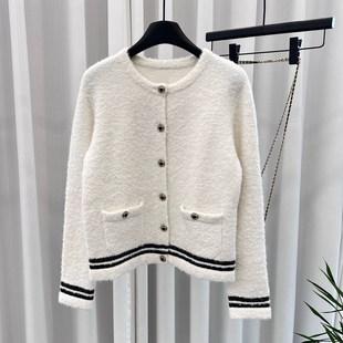 桑蚕丝 羊绒毛 针织开衫 女秋冬新款 条纹毛衣外套 圆领长袖 羊绒