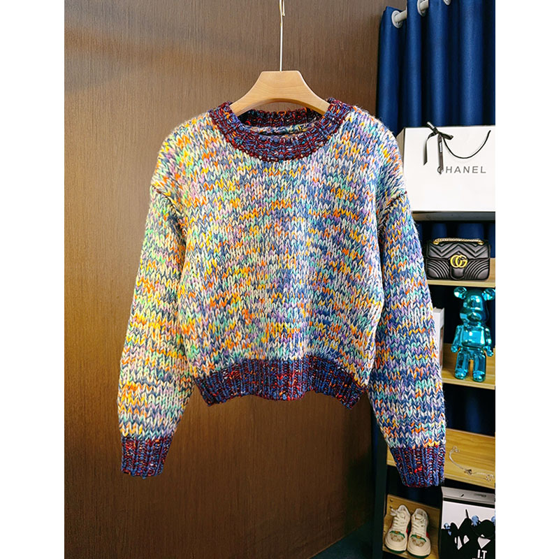 奶呼呼！紫色混纱粗线套头毛衣女短款秋冬加厚高级感针织衫上衣