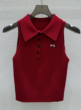 法式复古红色polo翻领无袖针织背心女夏外穿修身显瘦百搭短款上衣