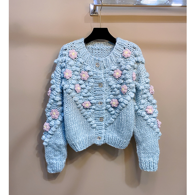针织单排扣圆领立体花朵开衫