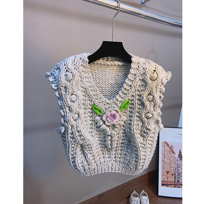 套头百搭短款V领花朵马甲女