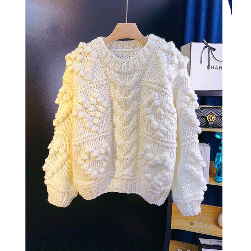 棒针纯手工编织秋冬新款加厚毛衣女宽松慵懒风圆领套头针织衫粗线
