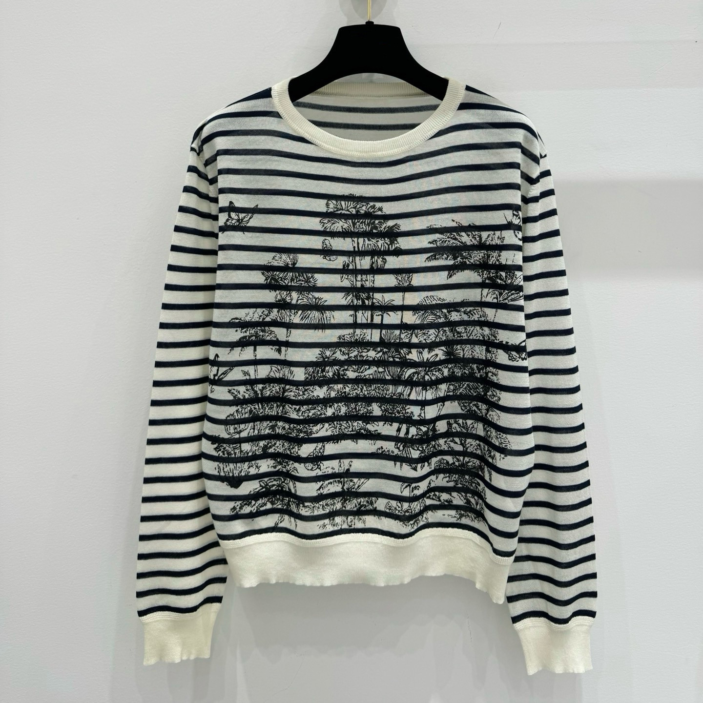 亚麻混纺纱！水墨印花条纹针织衫长袖女圆领套头t恤春夏薄款上衣