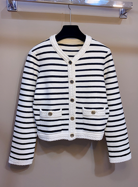 M家2023早秋新款女装法式气质长袖黑白色条纹针织衫开衫毛衣外套