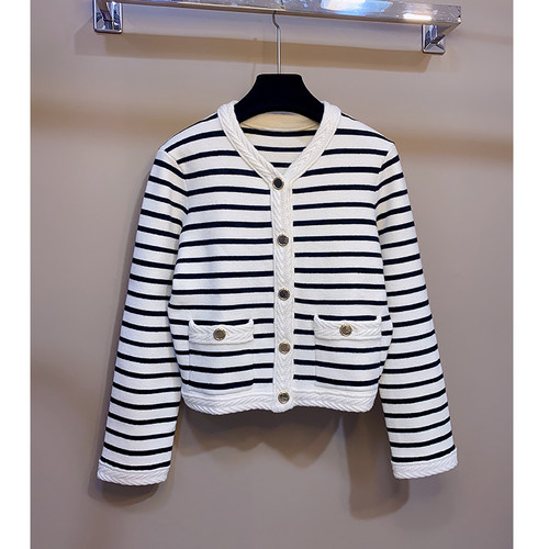 羊毛混纺单排扣V领条纹开衫