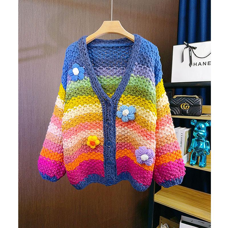 【立体大花朵】纯手工手打彩虹撞色粗棒针慵懒风宽松毛衣外套女秋