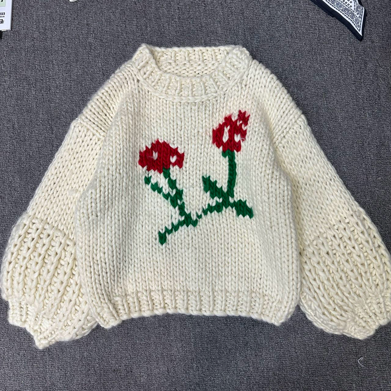 【超厚】手工编织 玫瑰图案棒针粗线毛衣女套头宽松慵懒风针织衫