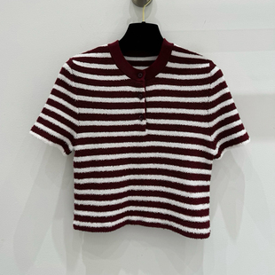 女短款 品质货 短袖 半开圆领撞色条纹针织衫 上衣 闭眼shou
