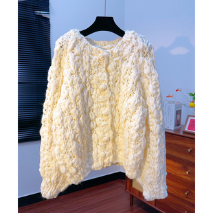 慵懒风奶油白粗棒针羊毛针织开衫女加厚保暖宽松显瘦秋冬毛衣外套