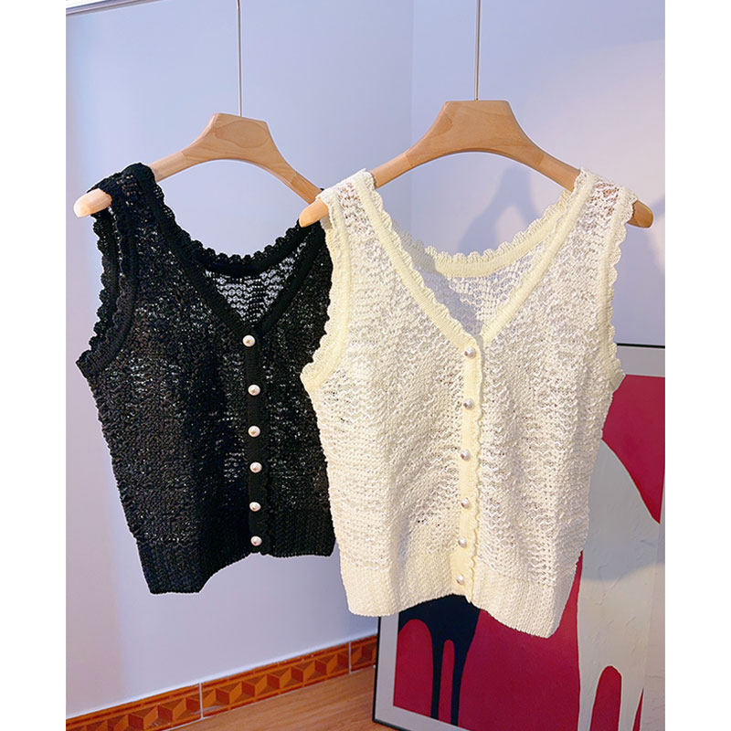 美美美！优雅法式！朦胧美轻薄透视无袖针织开衫V领背心上衣女夏