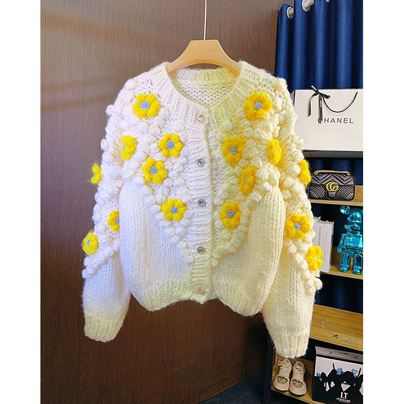 重工立体钩花朵球球手打棒针甜美毛衣外套女秋冬加厚宽松针织开衫