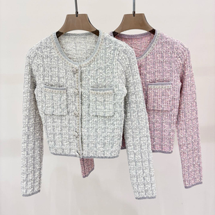 严言 |小香风气质名媛手工钉珠针织外套女短款粗花呢开衫上衣春秋
