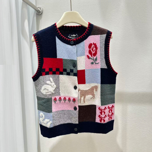 【羊绒羊毛混纺】法式复古提花格子撞色针织毛衣马甲女无袖背心