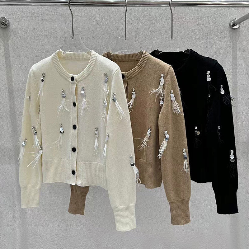 设计师联名 精致羽毛钉钻手工订饰100羊毛针织开衫女秋冬毛衣外套