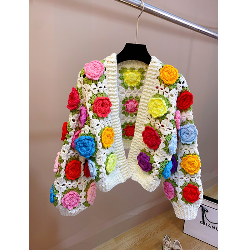 玫瑰花园 设计感ins复古减龄全手工独特立体花朵重工开衫短款毛衣,女装/女士精品,毛针织衫,淘宝优惠券,粉丝福利购,淘宝优惠卷
