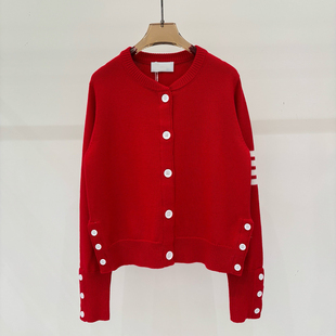 新年红色TB风羊毛针织开衫女26早春新款四道杠纽扣腊肠狗毛衣外套