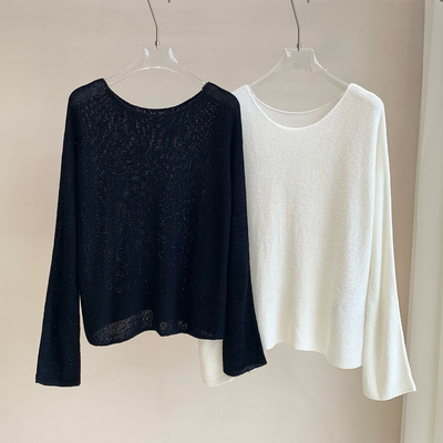 「极简老钱风」慵懒风白色圆领针织衫女宽松显瘦薄款早秋长袖上衣