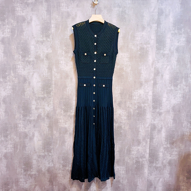 轻奢法单S家2023春夏新款女装法式半透视镂空长款针织连衣裙无袖