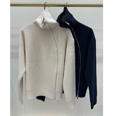 羊绒衫斜拉链高领针织开衫女秋冬加厚慵懒风宽松显瘦坑条毛衣外套