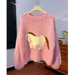 纯手工编织!小马图案粗线针织无袖马甲+毛衣女套头秋冬宽松加厚