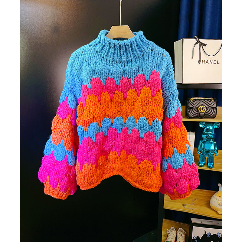手工粗针棒针拼色设计半高领加厚针织衫毛衣外套女宽松慵懒风冬季