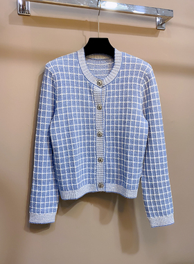 M家 2023早秋新款女装法式气质长袖蓝色格纹针织开衫毛衣外套