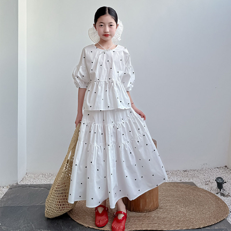 TZ1444夏季韩版新款女童装女大童亲子装全棉小爱心半身裙套装长裙