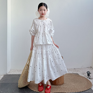 TZ1444夏季韩版新款女童装女大童亲子装全棉小爱心半身裙套装长裙