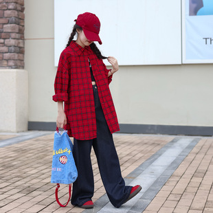 女童格子衬衫2025秋装中大童亲子装洋气韩版开衫外套红色长款衬衣