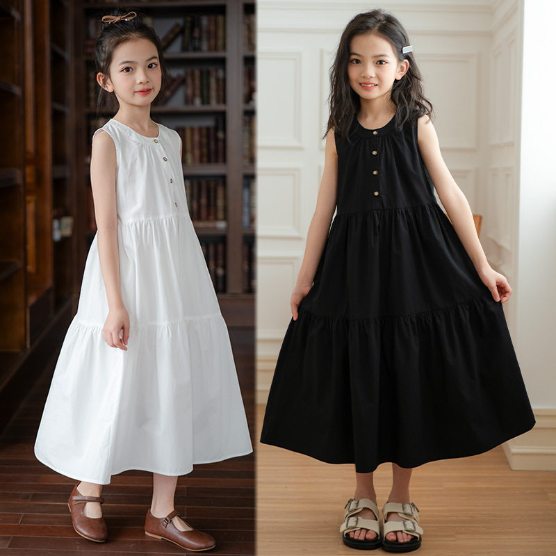 女童长款连衣裙夏季新款女大童洋气无袖背心裙纯棉儿童度假沙滩裙