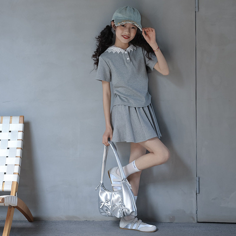 T1314女童套装夏季2026新款洋气儿童花边娃娃领短袖t恤搭配短裙