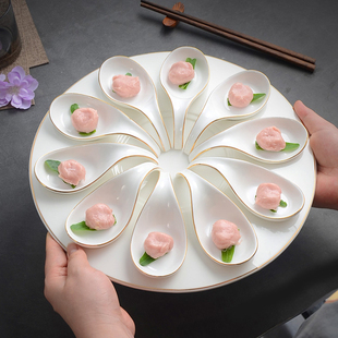 陶瓷火锅丸子盘虾滑盘子中式意境菜餐具陶瓷十格小吃盘陶瓷冷菜碟