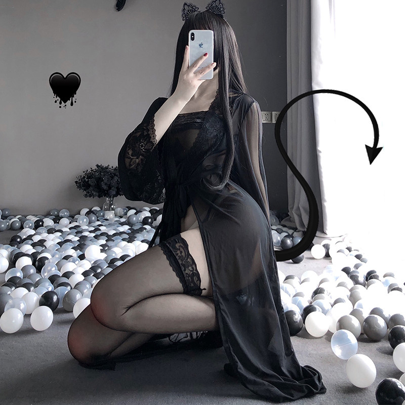 BLACK SEXY LONG DRESSING GOWN HOME PAJAMAS PASSION TEASE COS MAID OUTFIT BELLY POCKET SEXY SEDUCTION UNIFORM SKIRT