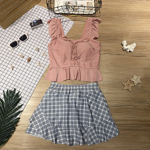 分体遮肚显瘦格子小胸聚拢泳衣