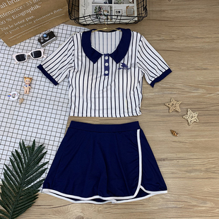 保守显瘦复古可爱温泉度假泳装 元 气少女分体泳衣女polo领条纹短袖