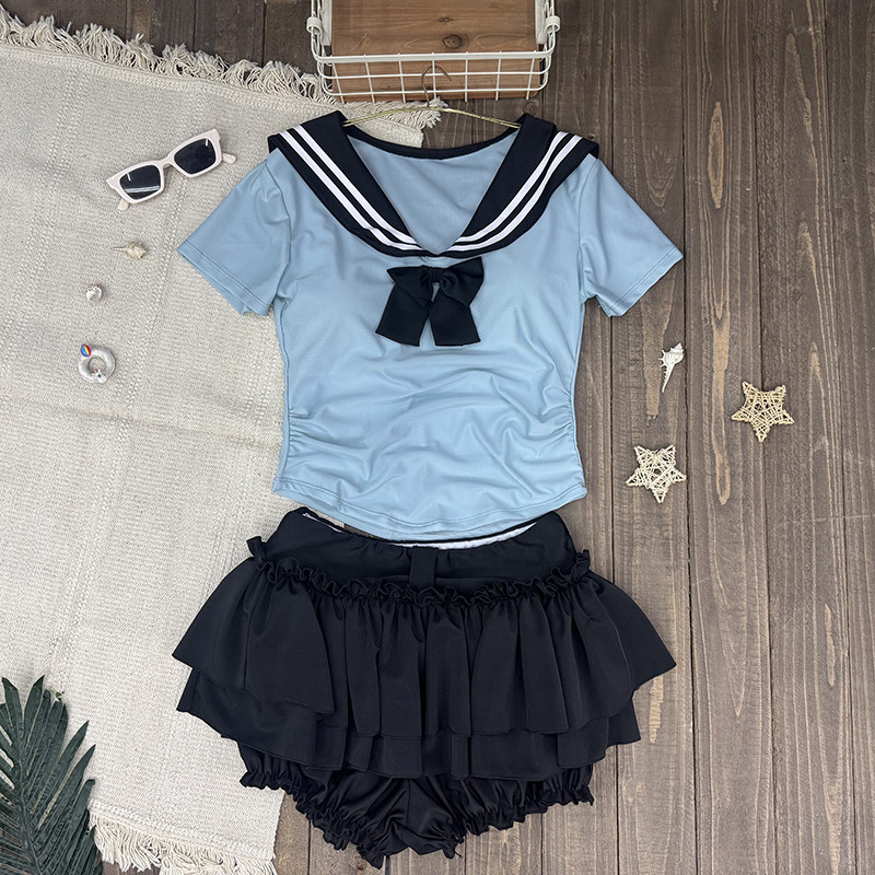 泳衣女分体裙式少女学院风海军领保守遮肚显瘦绝美泡温泉沙滩度假