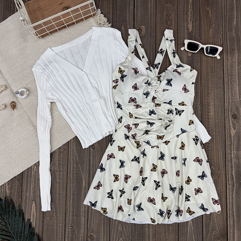 泳衣女高级感蝴蝶印花连体裙式收腰遮肉女士性感露背小胸聚拢温泉