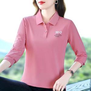 翻领长袖t恤女2023春秋新款宽松妈妈中年气质时尚polo衫上衣体恤