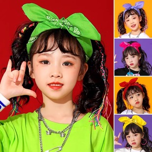 女童头巾多巴胺发带女孩运动会嘻哈时尚 潮复古ins方巾儿童街舞