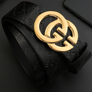 酷奇新款皮带男真皮平滑扣时尚纯牛皮男士腰带双G字母潮高档百搭