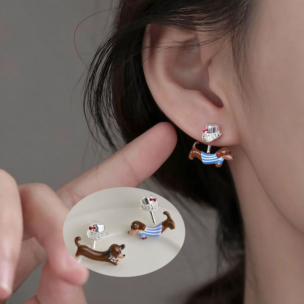 原创小众可爱腊肠犬后挂耳钉彩绘