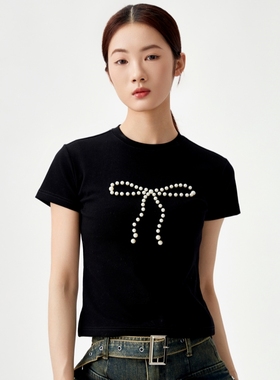 KKKVIBE美式复古休闲基础蝴蝶结珍珠短袖正肩修身显瘦T恤女情侣