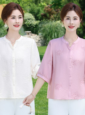 中袖绣花棉麻时尚衬衫洋气上衣女