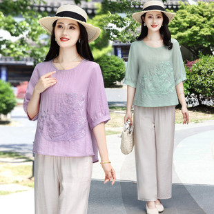 洋气天丝麻棉套装女2025夏装新款中老年女士中袖上衣九分裤两件套
