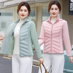 秋冬新款女士轻薄羽绒棉服外套时尚拼接修身显瘦立领连帽保暖棉衣
